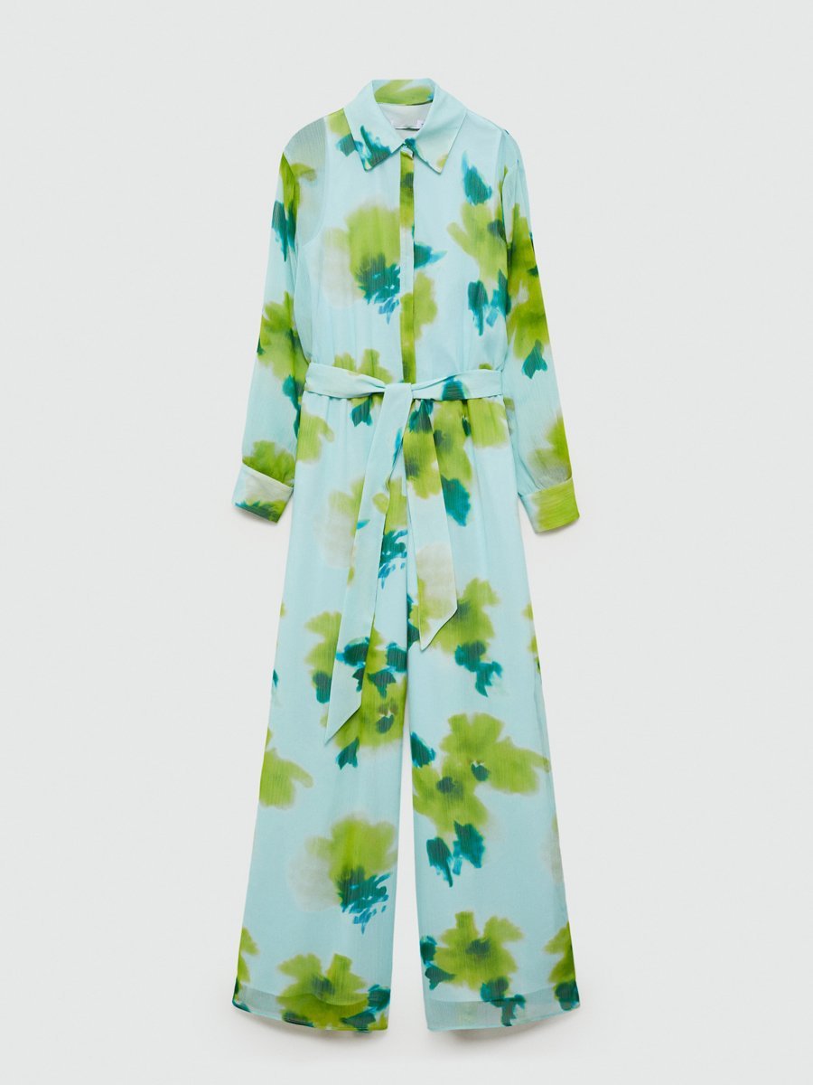 Casual Printed Long Sleeve Belt Jumpsuit - allsose