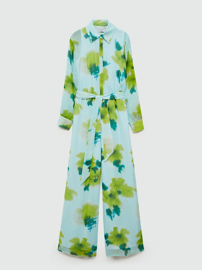 Casual Printed Long Sleeve Belt Jumpsuit - allsose