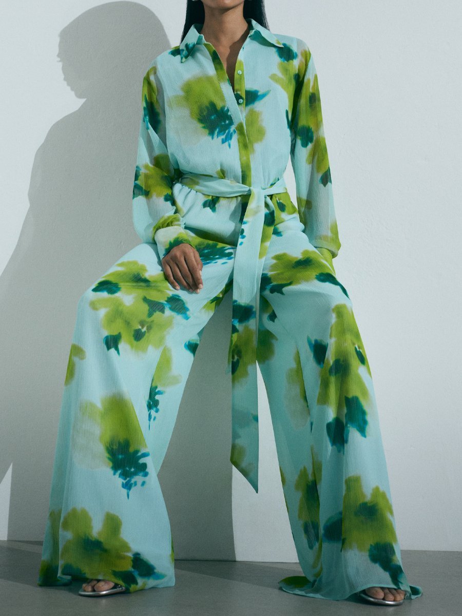 Casual Printed Long Sleeve Belt Jumpsuit - allsose