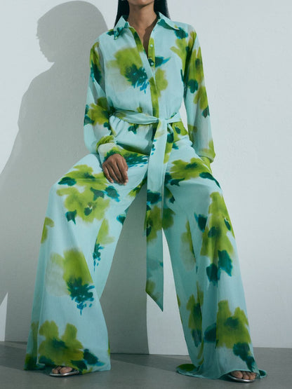 Casual Printed Long Sleeve Belt Jumpsuit - allsose