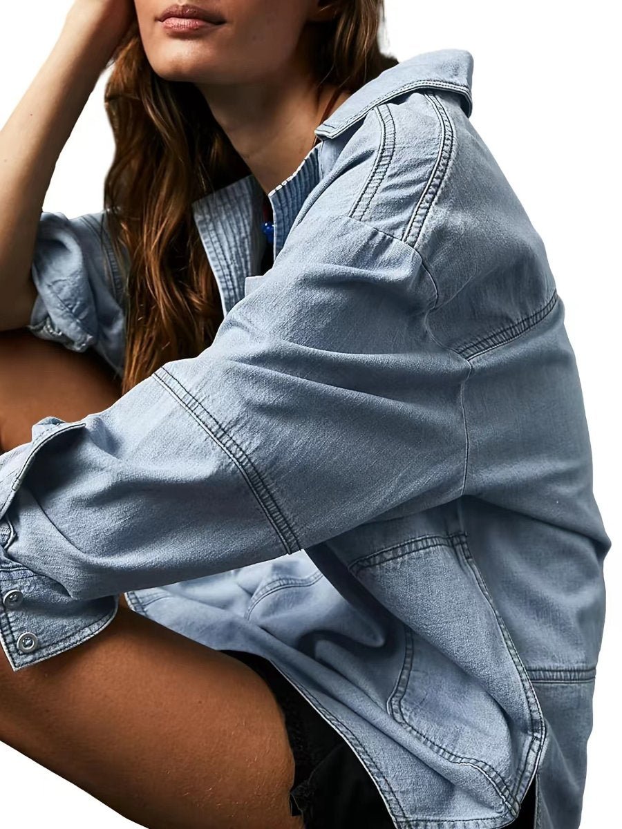 Casual V - Neck Denim Coat - allsose