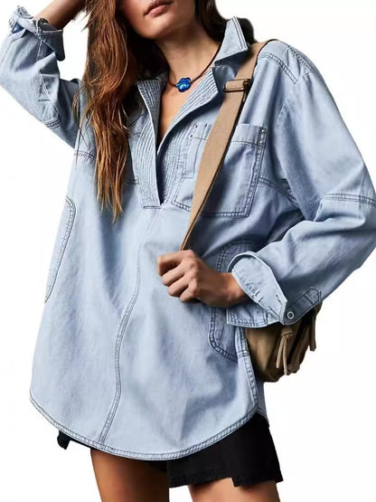 Casual V - Neck Denim Coat - allsose