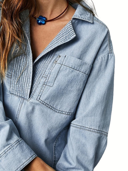 Casual V - Neck Denim Coat - allsose