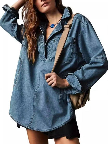Casual V - Neck Denim Coat - allsose