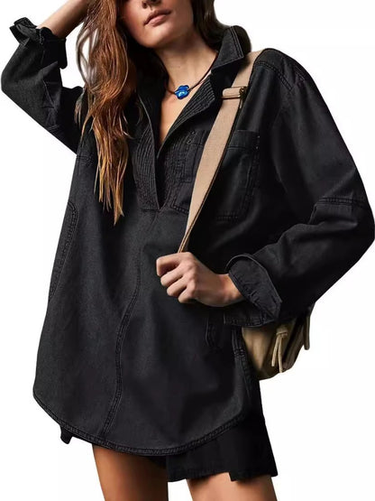 Casual V - Neck Denim Coat - allsose