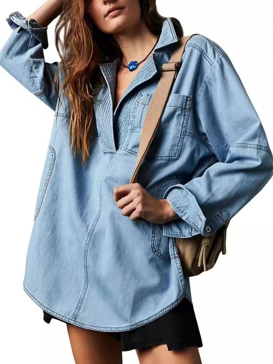 Casual V - Neck Denim Coat - allsose