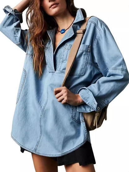 Casual V - Neck Denim Coat - allsose
