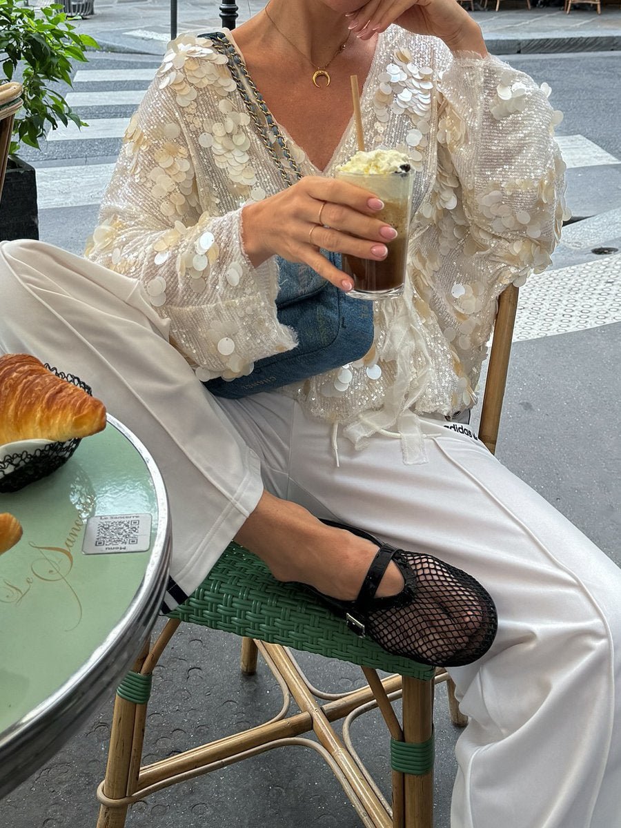 Casual V Neck Sequin Loose Jacket Kimono - allsose