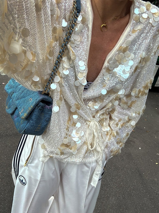 Casual V Neck Sequin Loose Jacket Kimono - allsose