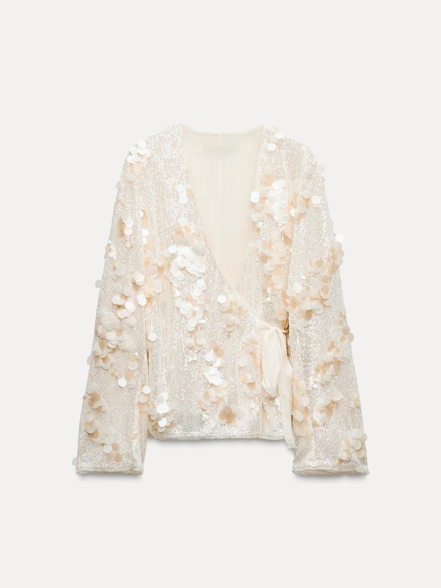 Casual V Neck Sequin Loose Jacket Kimono - allsose