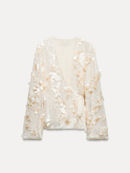Casual V Neck Sequin Loose Jacket Kimono - allsose