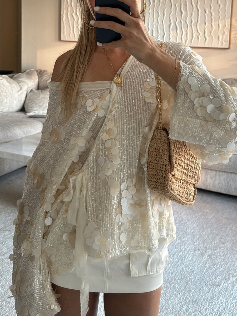 Casual V Neck Sequin Loose Jacket Kimono - allsose