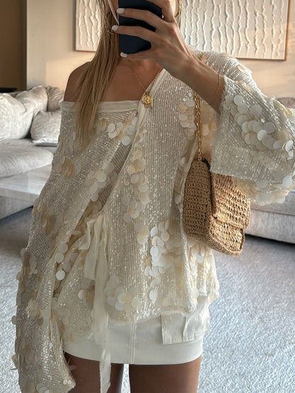 Casual V Neck Sequin Loose Jacket Kimono - allsose