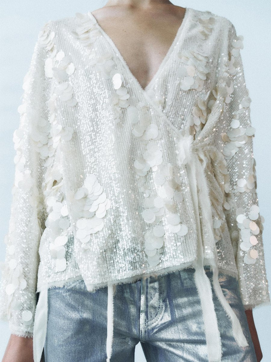 Casual V Neck Sequin Loose Jacket Kimono - allsose