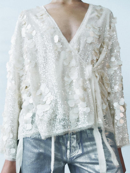 Casual V Neck Sequin Loose Jacket Kimono - allsose