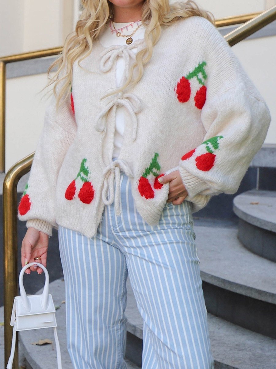 Cherry Embroidered Jacquard Cardigan - allsose