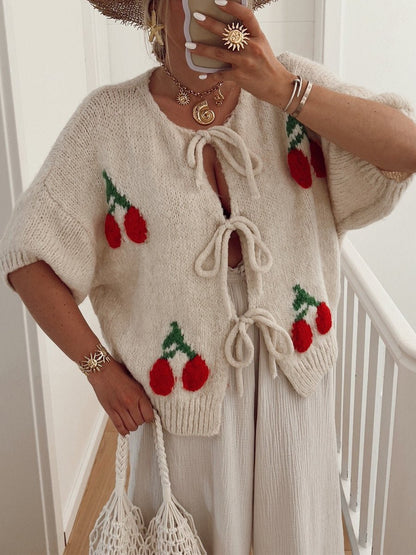 Cherry Embroidered Jacquard Cardigan - allsose