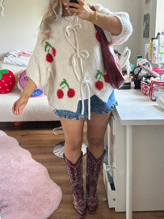 Cherry Embroidered Jacquard Cardigan - allsose