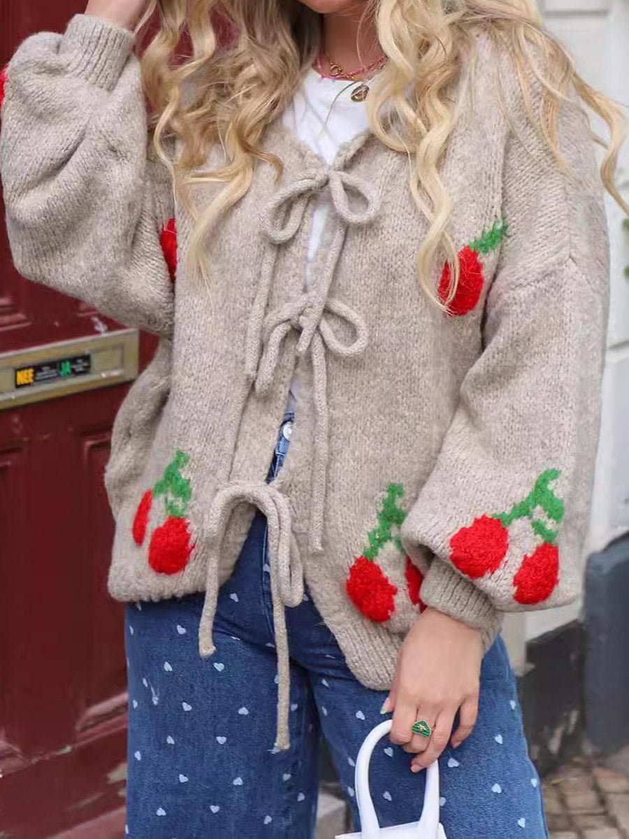 Cherry Embroidered Jacquard Cardigan - allsose