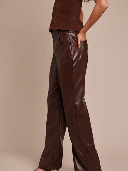 Chocolate Faux Leather Straight Leg Pants - allsose