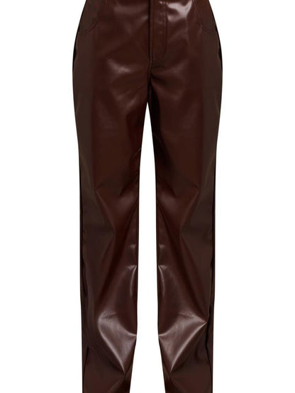 Chocolate Faux Leather Straight Leg Pants - allsose