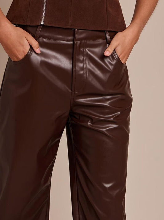 Chocolate Faux Leather Straight Leg Pants - allsose