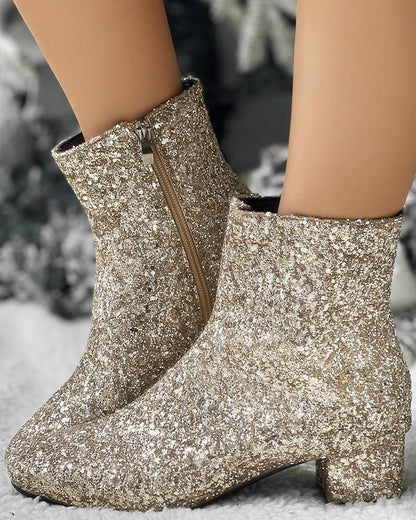 Christmas Glitter Side Zipper Chunky Heel Sequin Ankle Boots - allsose