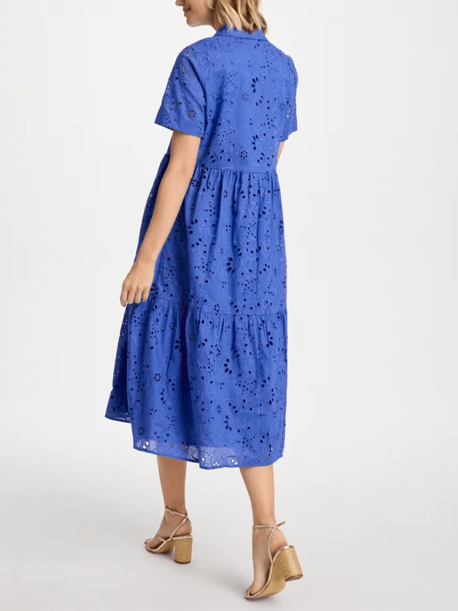 Cobart Blue Cotton English Embroidery Tiered Dress - allsose