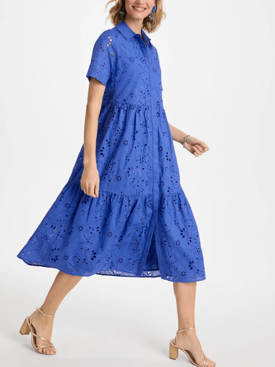 Cobart Blue Cotton English Embroidery Tiered Dress - allsose