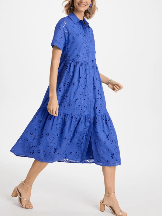 Cobart Blue Cotton English Embroidery Tiered Dress - allsose