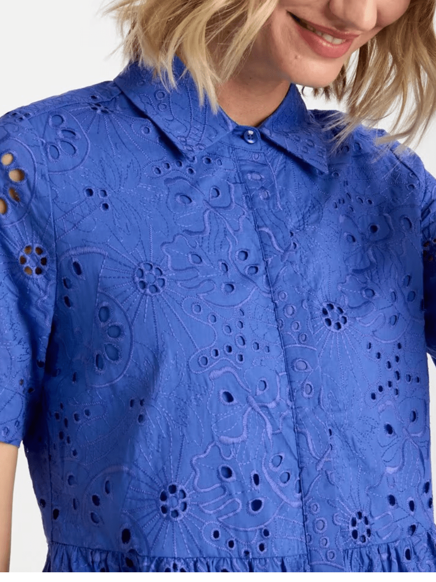 Cobart Blue Cotton English Embroidery Tiered Dress - allsose
