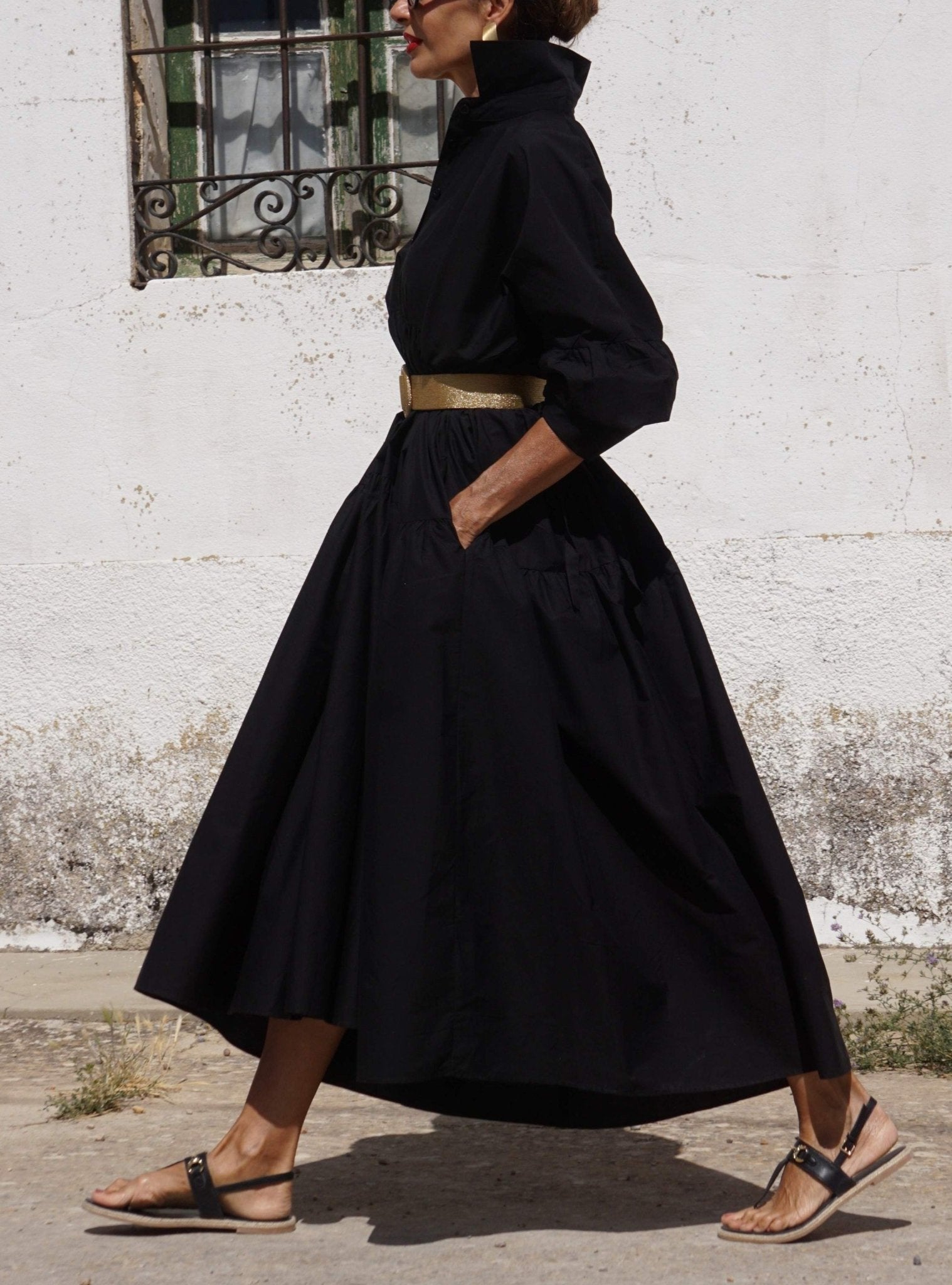 Collar Solid Color Dress - allsose