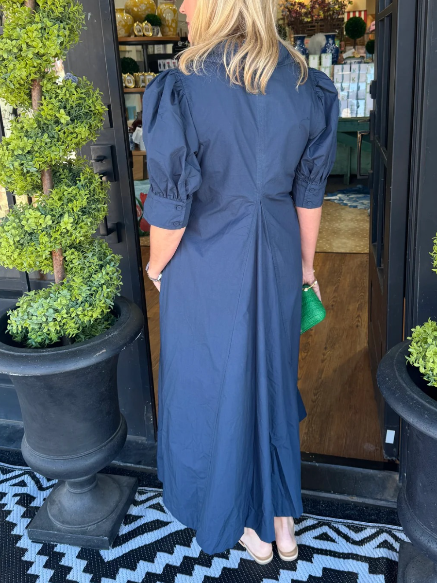 Collared V - Neck Puff Sleeve Midi Dress - allsose