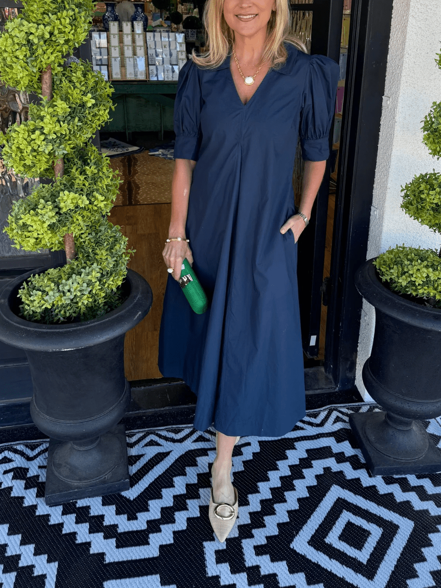 Collared V - Neck Puff Sleeve Midi Dress - allsose