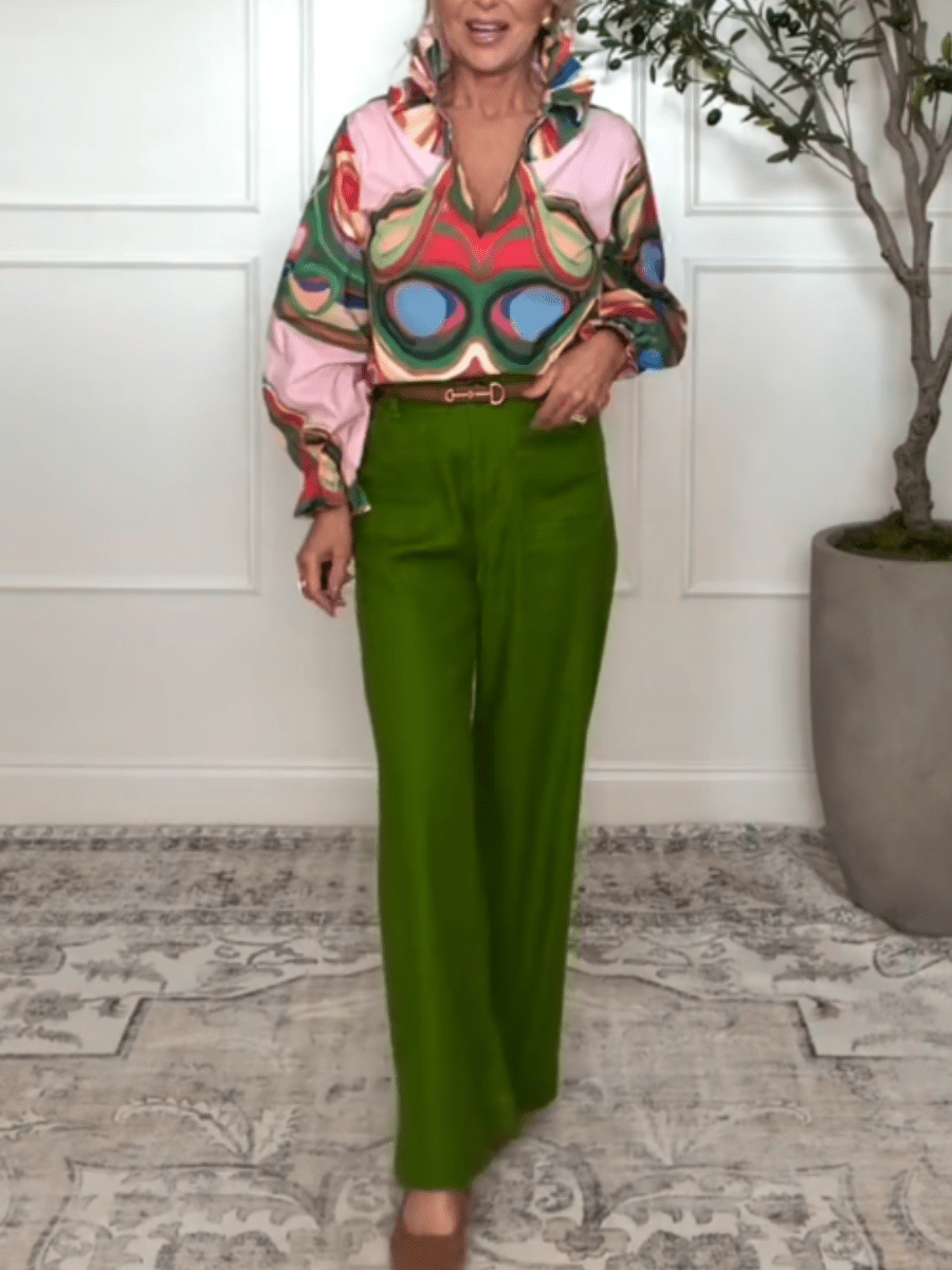 Colorful Abstract Print Ruffle V - Neck Puff Sleeve Shirt - allsose