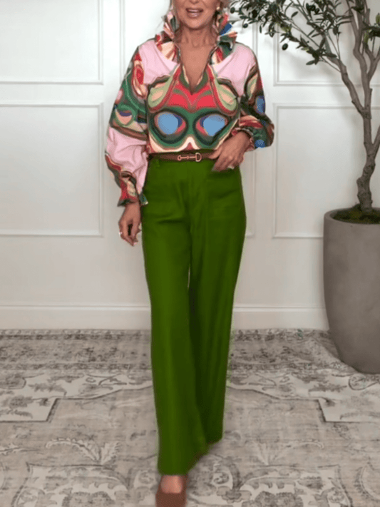 Colorful Abstract Print Ruffle V - Neck Puff Sleeve Shirt - allsose