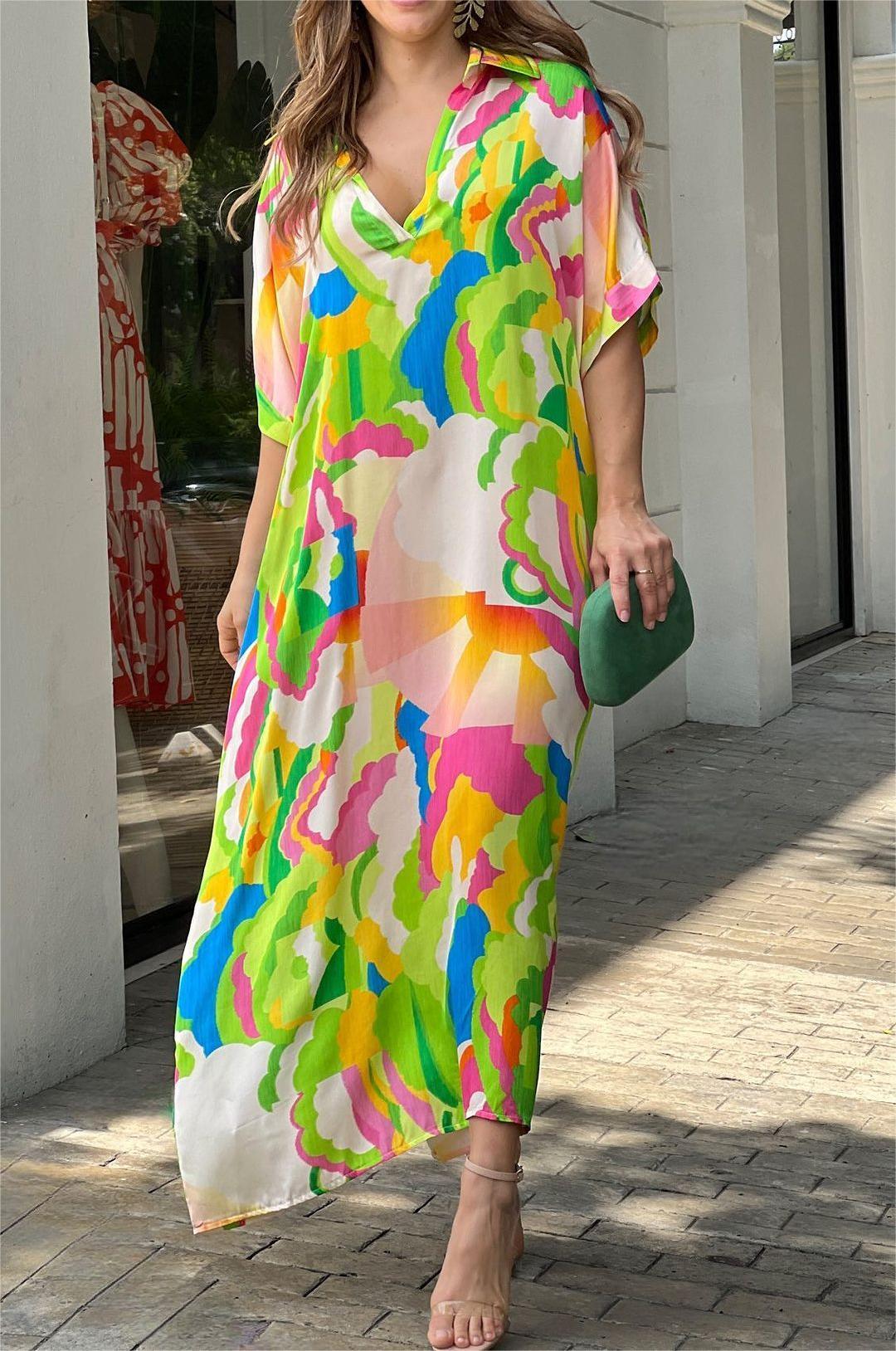 Colorful Print V - neck Loose Dress - allsose