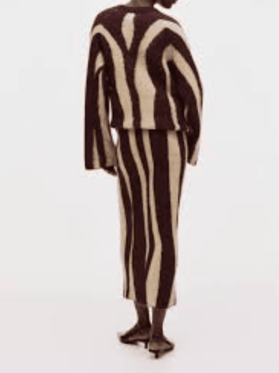 Contrast Color Coarse Stripe V - Neck Skirt Set - allsose