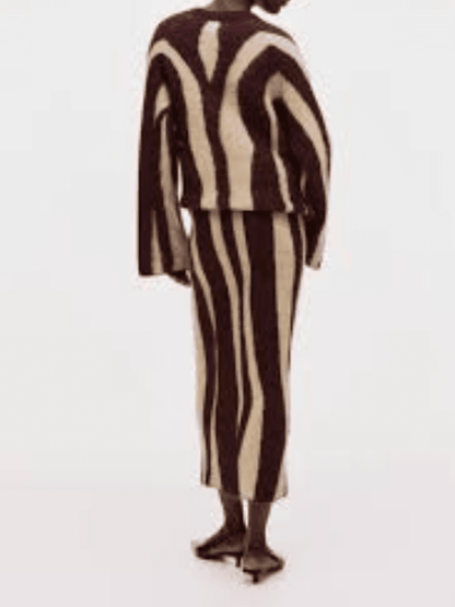 Contrast Color Coarse Stripe V - Neck Skirt Set - allsose