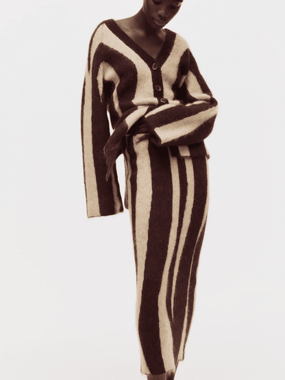 Contrast Color Coarse Stripe V - Neck Skirt Set - allsose