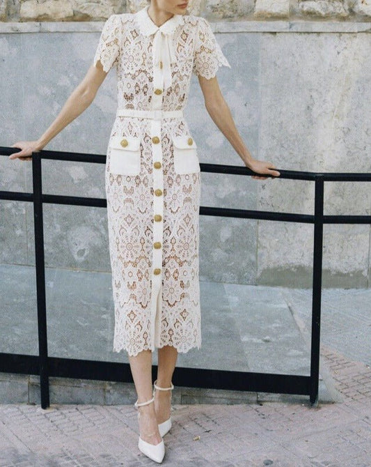 Cream Floral Midi Dress - allsose