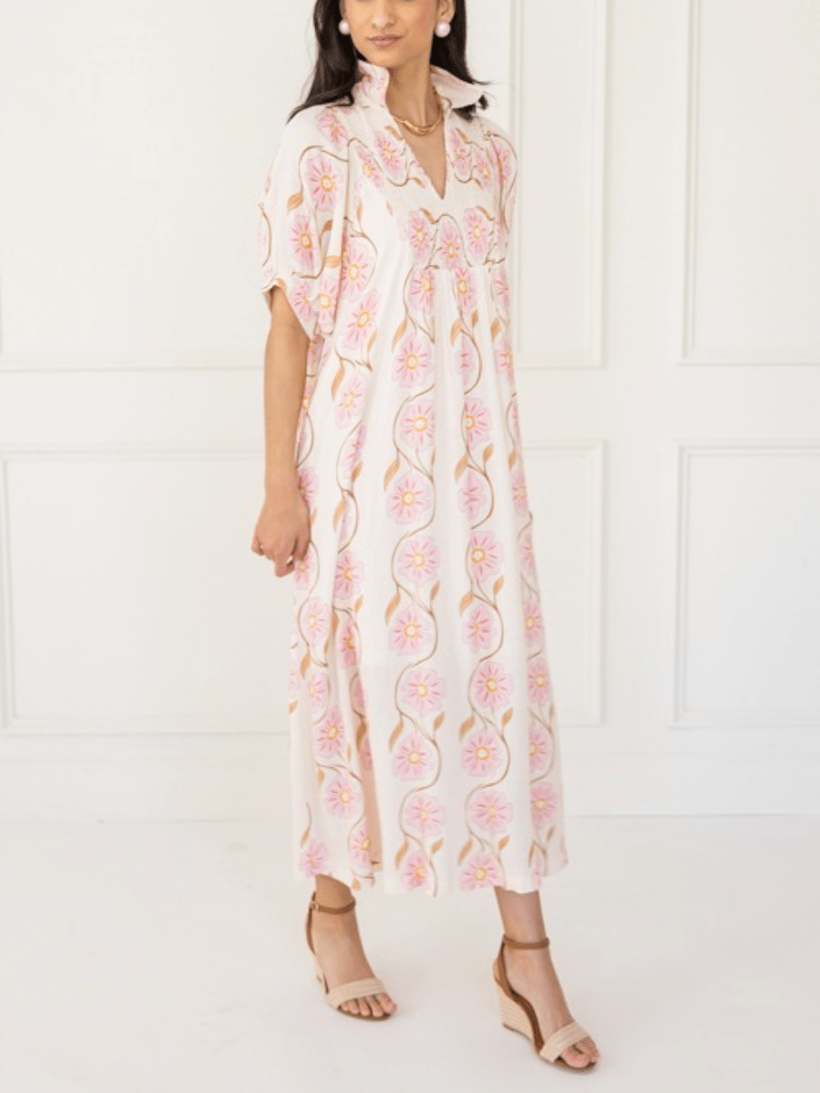 Cream Pink Daisy Print Puff Sleeve Maxi Dress - allsose