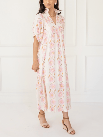 Cream Pink Daisy Print Puff Sleeve Maxi Dress - allsose