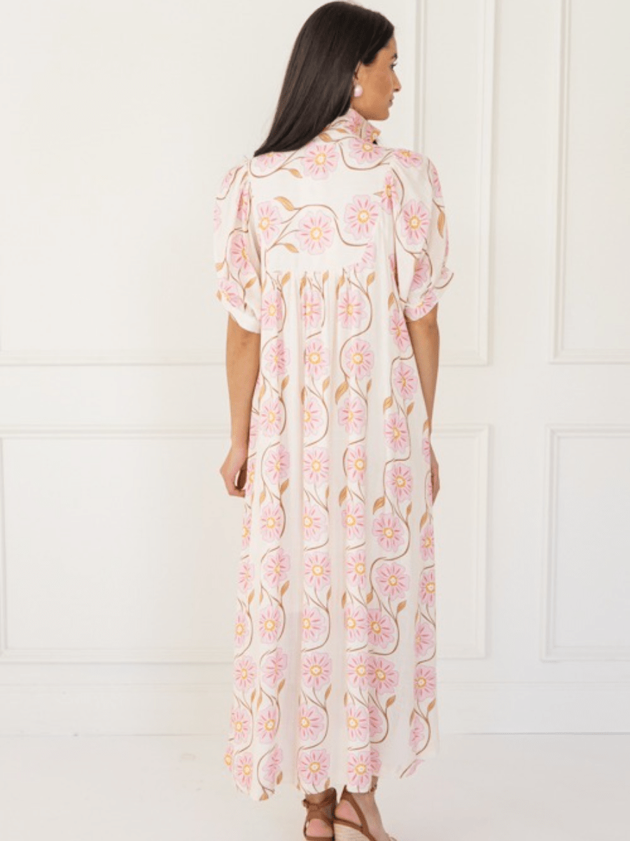 Cream Pink Daisy Print Puff Sleeve Maxi Dress - allsose