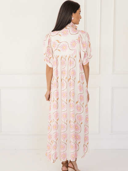 Cream Pink Daisy Print Puff Sleeve Maxi Dress - allsose