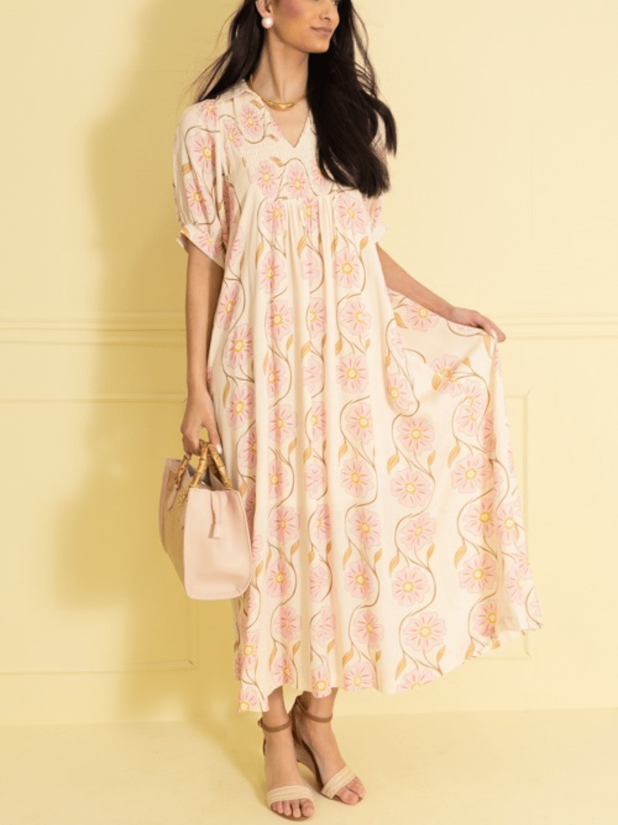 Cream Pink Daisy Print Puff Sleeve Maxi Dress - allsose