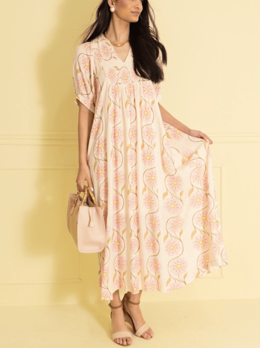 Cream Pink Daisy Print Puff Sleeve Maxi Dress - allsose