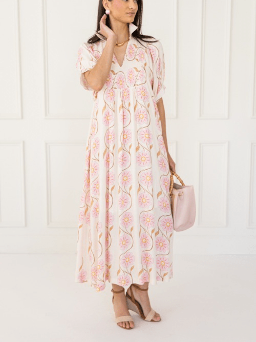 Cream Pink Daisy Print Puff Sleeve Maxi Dress - allsose