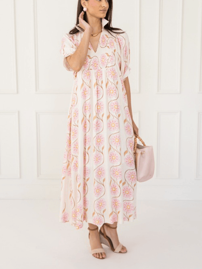 Cream Pink Daisy Print Puff Sleeve Maxi Dress - allsose