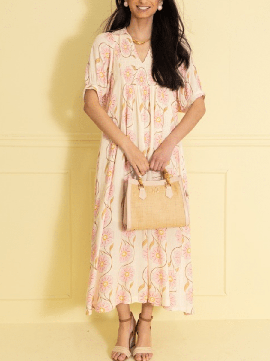 Cream Pink Daisy Print Puff Sleeve Maxi Dress - allsose